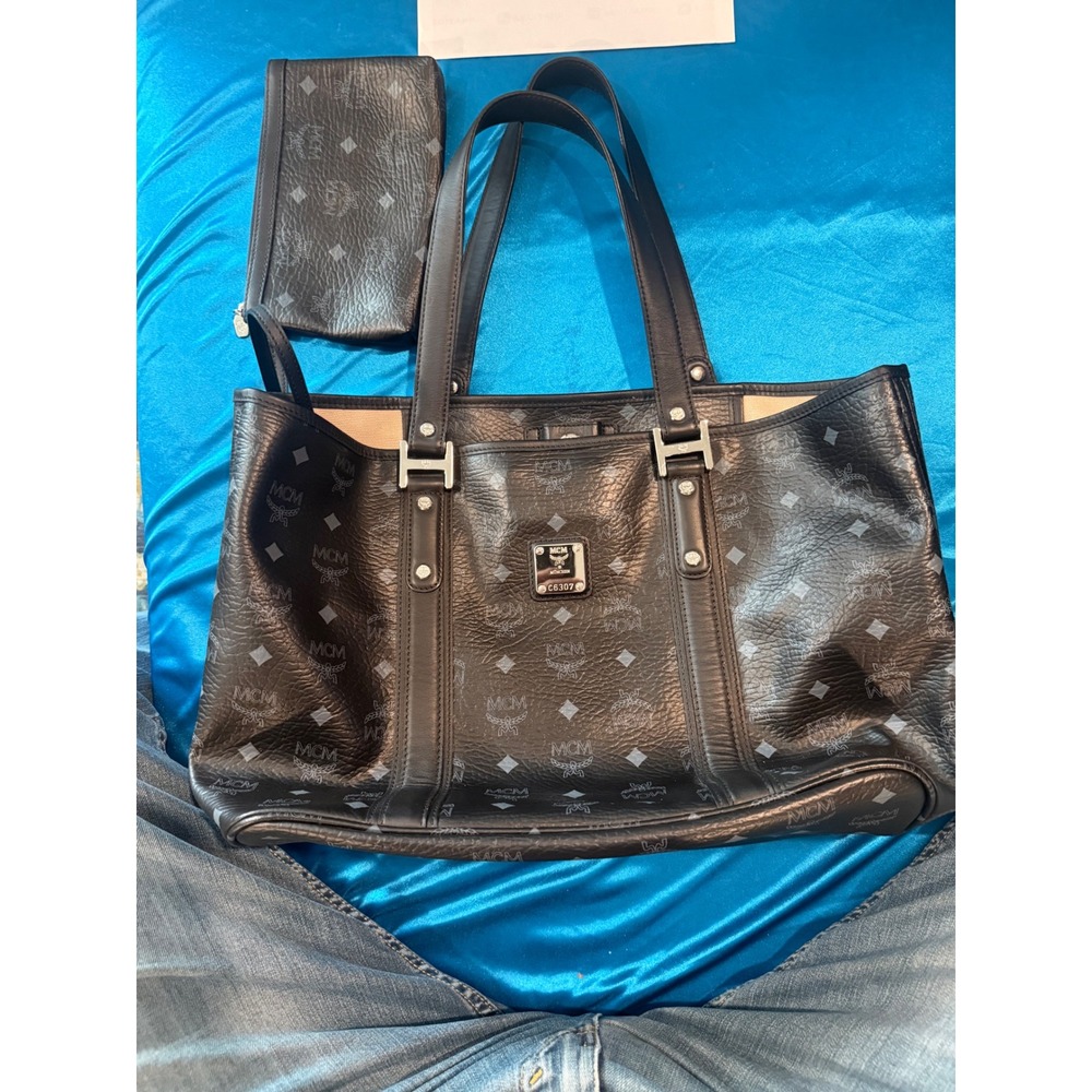 MCM Visetos Monogram Black Coated Canvas Tote Bag with Pouch C6307
